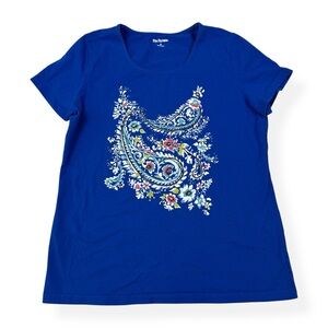Kim Rogers Top Womens M Medium Blue Multicolor Floral Paisley Graphic Short Slee